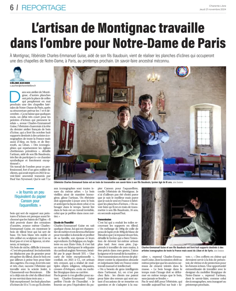 Charente Libre Charles Emmanuel Guise l’artisan de Montignac travaille dans l’ombre pour Notre-Dame de Paris
